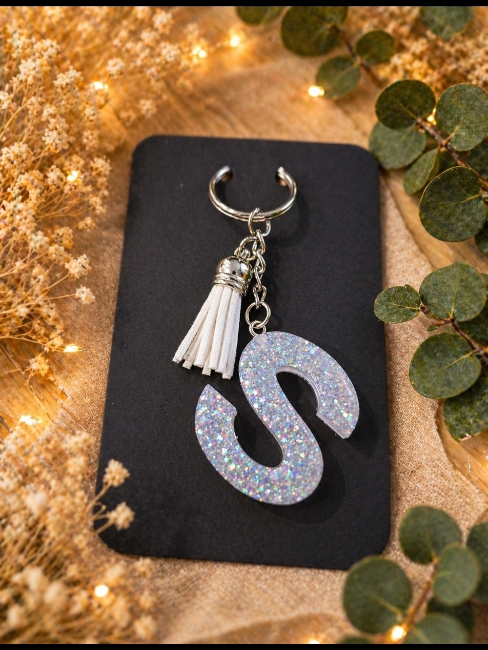Glitter Letter S Keychain with White Tassel